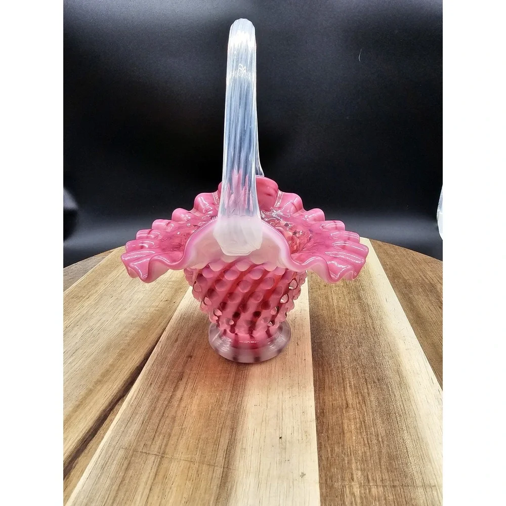 Fenton Cranberry Pink Opalescent Hobnail‎ Basket Clear Handle 6